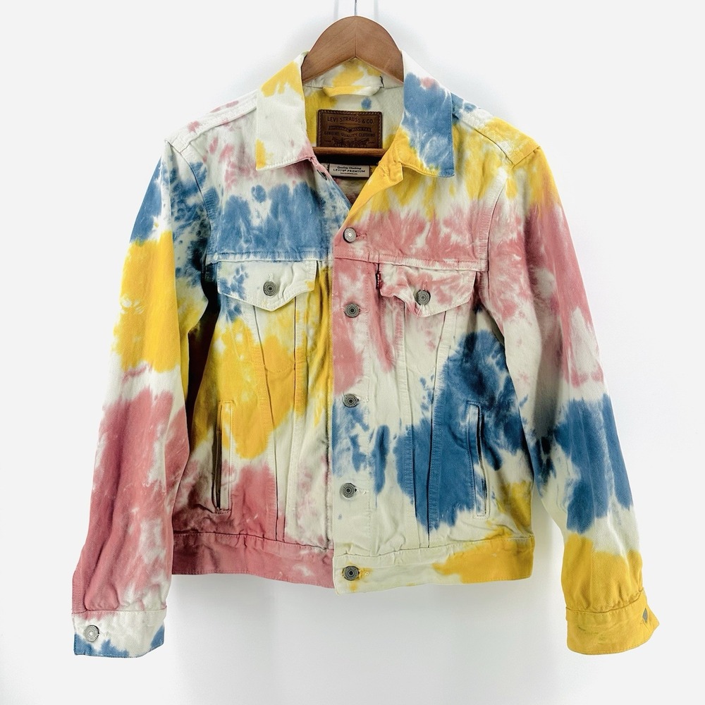 Levis Jean Jacket Adult Sz S Yellow Blue Pink Tie Dye White Denim‎ Trucker AD29